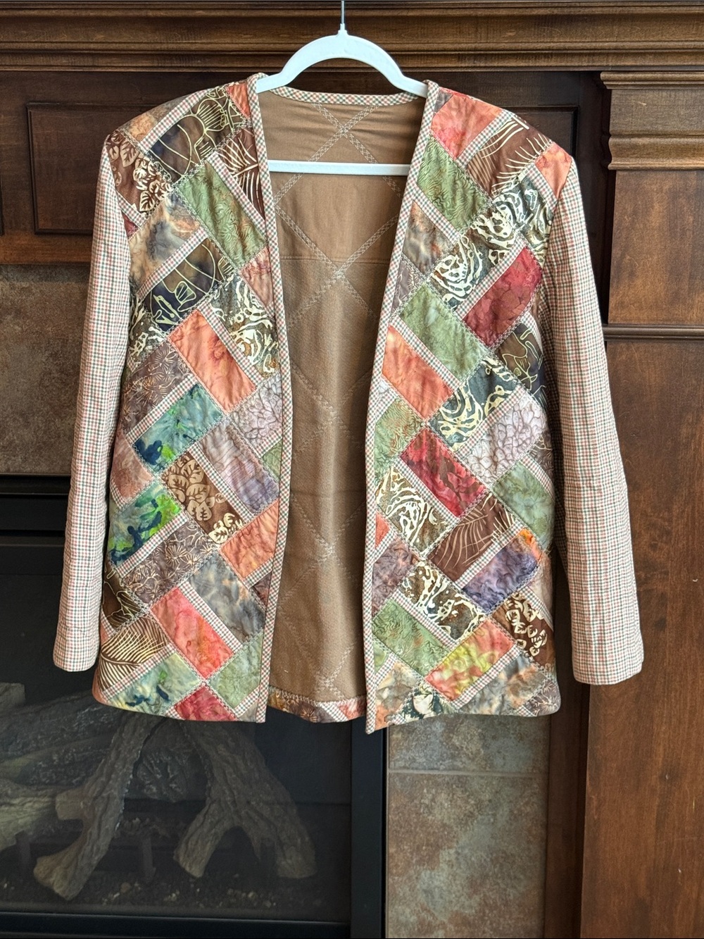Vintage handmade patchwork quilted plaid earth tone open blazer jacket folk L